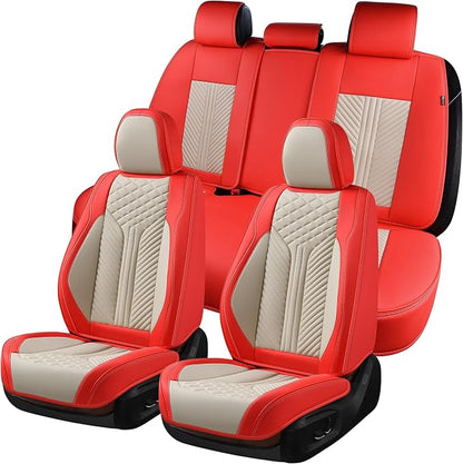 Coverado Leather Car Seat Covers Full Set, 5 Seats Seat Covers for Cars, Waterproof Car Seat Cushions, Front and Rear Seat Protectors Universal Fit Most Vehicles (Red&Beige)
