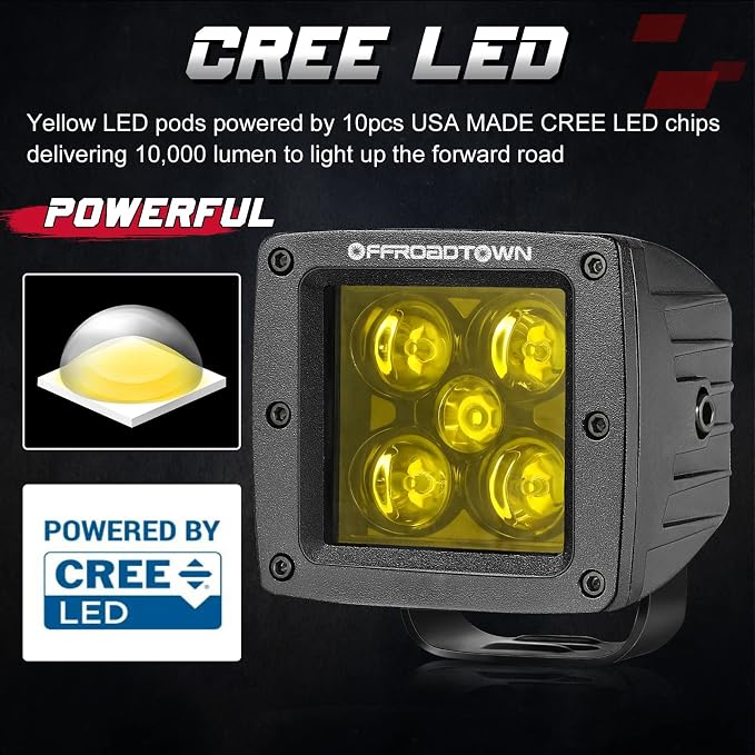 OFFROADTOWN Yellow LED Pods, 100W 2PCS 3 Inch CREE LED Cubes Light Spot Beam Off Road Driving Lights LED Pod Lights Square Led Cubes Yellow Fog Light Ditch Lighting for Trucks UTV ATV SUV Surron Boat
