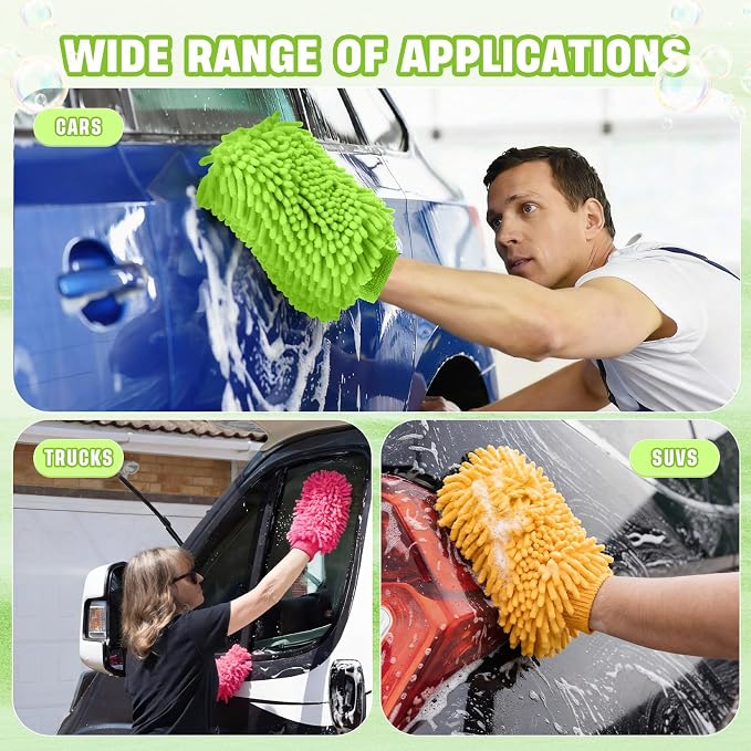 24 Pack Car Wash Mitt Bulk Microfiber, 10'' x 8'' Chenille Car Wash Mitt Gloves, Scratch Free Double Sided No Lint No Marks for Truck SUV and All Vehicle Surfaces (4 Colors)