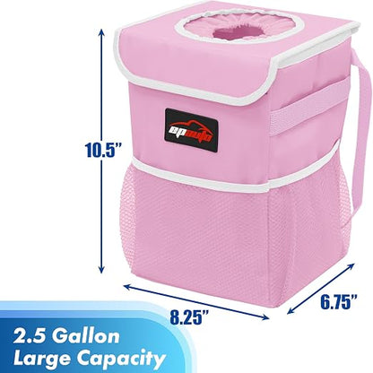 EPAuto Waterproof Car Trash Can with Lid and Storage Pockets, 2.5 Gallon Leakproof, Pink