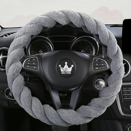 HighnessHwoo Luxury Fluffy Winter Car Steering Wheel Cover for Women Soft Warm Cute Auto Accessories for Jeep, Truck, Van, F150, Universal, Fuzzy, Anti Slip, Gray, Large Size, 15.2-16in