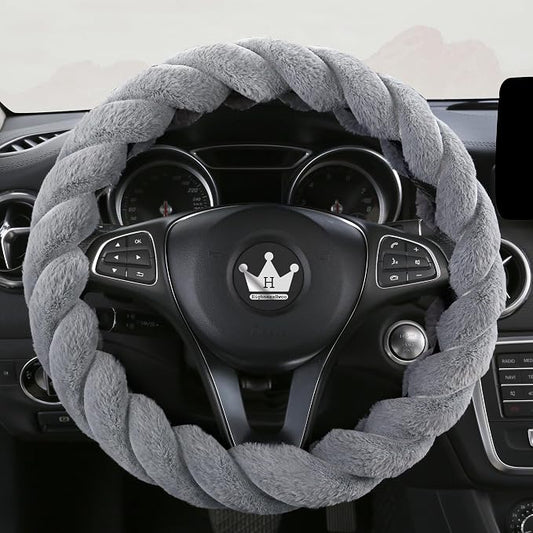HighnessHwoo Luxury Fluffy Winter Car Steering Wheel Cover for Women Soft Warm Cute Auto Accessories for Jeep, Truck, Van, F150, Universal, Fuzzy, Anti Slip, Gray, Large Size, 15.2-16in