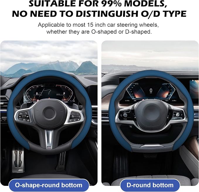 Frani Nappa Leather Steering Wheel Cover,Universal Fit 15 Inch-Premium Non-Slip Breathable Comfort Grip for Cars Trucks SUVs,Anti-Slip Durable Interior Upgrade Navy Blue