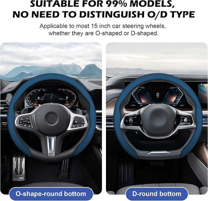 Frani Nappa Leather Steering Wheel Cover,Universal Fit 15 Inch-Premium Non-Slip Breathable Comfort Grip for Cars Trucks SUVs,Anti-Slip Durable Interior Upgrade Navy Blue