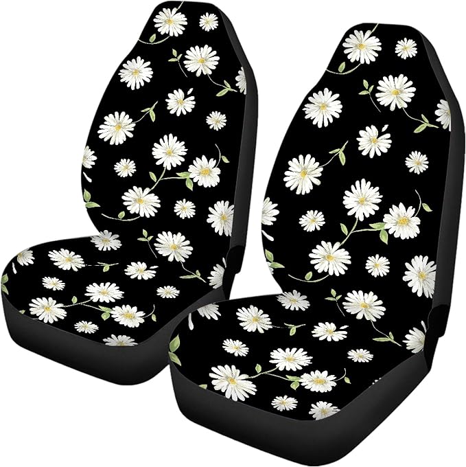 Daisy Car Seat Covers Full Set,Cute Daisy Flowers Black Design Floral Print Vehicle Front Rear Bench Cushion Protectors for Women Men Auto Interior Accessories Universal Fit for Trucks Sedans