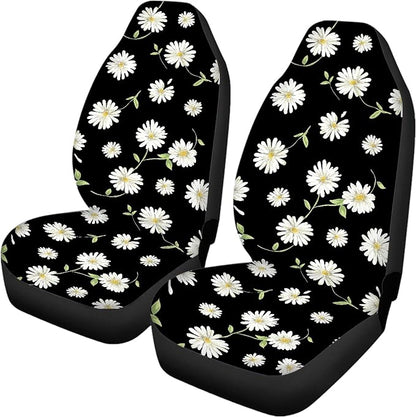 Daisy Car Seat Covers Full Set,Cute Daisy Flowers Black Design Floral Print Vehicle Front Rear Bench Cushion Protectors for Women Men Auto Interior Accessories Universal Fit for Trucks Sedans
