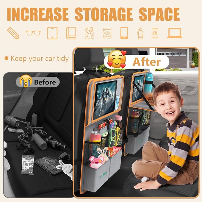 Plzpik Car Backseat Organizer with Tablet Holder,11 Storage Pockets with Foldable Food Tray, Protector Kick Mats for Kids, Travel Accessories Organizer (Orange, 1Pack)
