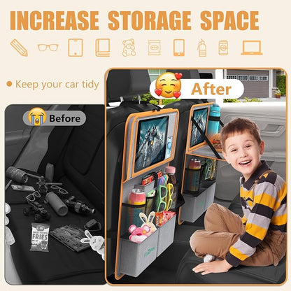 Plzpik Car Backseat Organizer with Tablet Holder,11 Storage Pockets with Foldable Food Tray, Protector Kick Mats for Kids, Travel Accessories Organizer (Orange, 1Pack)