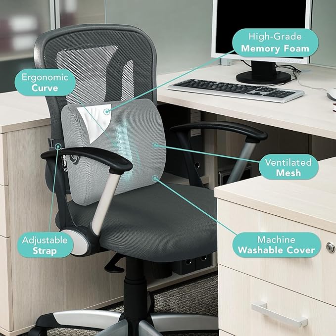 Samsonite Memory Foam Lumbar Support Pillow for Office Chair, Gaming Chair & Car Seat Automotive Use, Ergonomic Back Cushion, Work from Home Essentials, Office Essentials for Sitting Comfort, Grey
