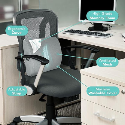 Samsonite Memory Foam Lumbar Support Pillow for Office Chair, Gaming Chair & Car Seat Automotive Use, Ergonomic Back Cushion, Work from Home Essentials, Office Essentials for Sitting Comfort, Grey