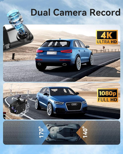 12'' Rearview Mirror Camera with CarPlay&Andorid Auto,4K Mirror Dash Cam Front and Rear Backup Camera with Reverse Assist/Loop Record/G Sensor/Voice Control&Split Touch Screen,64GB Card Included