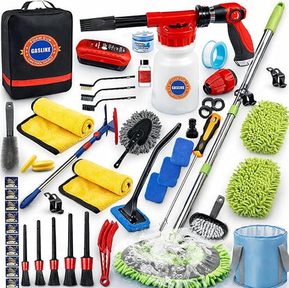 56Pcs Car Wash Cleaning Kit with Foam Gun, Car Wash Brush with Long Handle, Car Detailing Kit, Car Wheel Brush for Car Cleaning Supplies, Adjustable Hose Wash Sprayer-Quick Connector to Any Hose