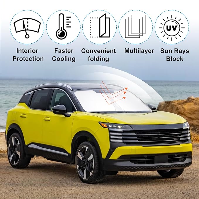 TINGLU Sun Shade for Nissan Kicks 2025 2026 Accessories Windshield Sun Shade Window Shade UV Rays Protection Sun Visor Cover with Steering Wheel Sunshade Storage Bag