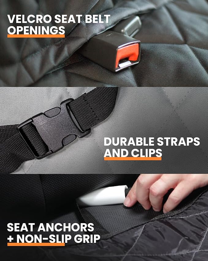 4Knines Dog Seat Cover for Back Seat, Heavy Duty Waterproof Rear Seat Protector for Small Trucks, SUVs, Cars - Fits 60/40 Split Bench with Middle Seat Belt, Non-Slip Dog Backseat Cover (Regular, Grey)