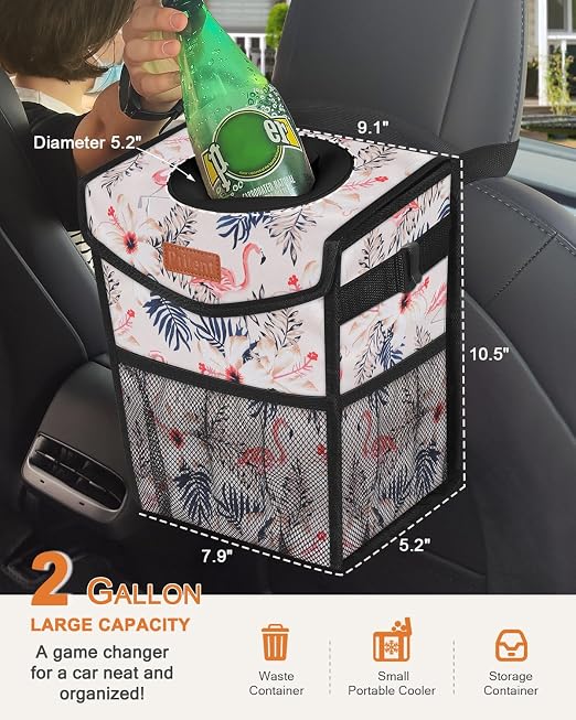Pritent Car Trash Can with Lid, Cute Leakproof Car Trash Garbage Bag Hanging Vehicle Trash Bin Small Portable Automotive Garbage Cans Organizer for Back/Front Seat(Trapezoid,Flamingo Print