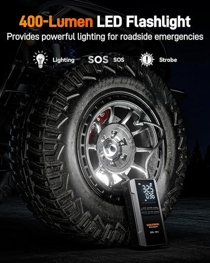 WOLFBOX MV16A 3000A Jump Starter with Air Compressor, 59.2Wh&160PSI Portable Car Battery Jump Starter with 65W Fast Charging, 12V Battery Pack (8L Gas 6L Diesel) with Boost, Light and Jumper Cables