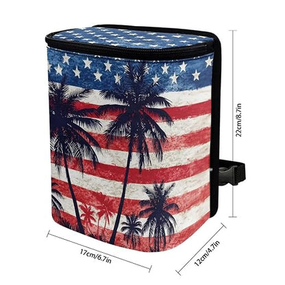 Talayituse American Flag Palm Tree Print Car Trash Can Portable Auto Garbage Bin Multifunctional Vehicle Interior Accessories with Adjustable Straps 4th of July Decor Universal Fit Truck SUV Sedan