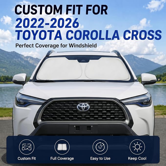 Custom Fit Windshield Sun Shade for Toyota Corolla Cross 2022-2026 | Custom Fit Windshield Cover, Blocks UV Rays, Double-Layer Heat Shield, Durable Frame, Easy Fold & Storage