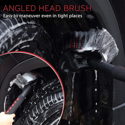 TAKAVU 17.5" Wheel Tire Body Brush Red Soft Bristle - Gentle Car Wash Brush Long Handle for Safe Tire Sidewall & Wheel Cleaning - Scratch - Free Automotive Tool