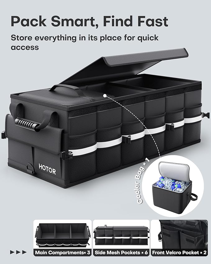 HOTOR Car Trunk Organizer - Trunk Organizer for SUV with Removable Cooler Bag, Foldable Cover, 3 Compartment Car Storage Essential Car Accessories for Truck, Van & Sedan, Black, 33.1" x 12.6" x 11.0"
