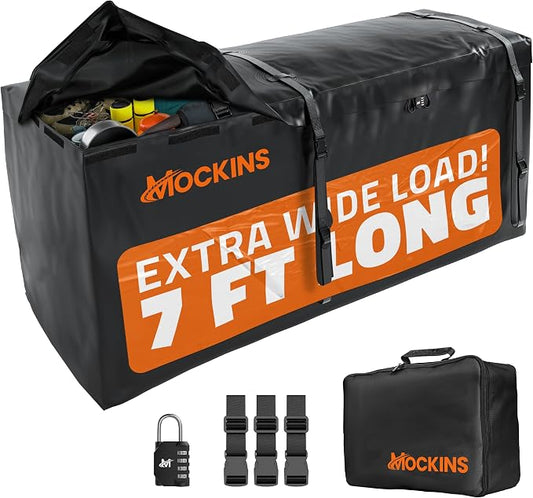Mockins 40 Cu Ft XXL Hitch Cargo Carrier Bag Extra Wide 84"x24"x34" | 7 Ft Waterproof Trailer Hitch Storage & Truck Bed Cargo Bag | Heavy Duty Vehicle Soft-Shell Carriers w/ Lock, Straps & Case