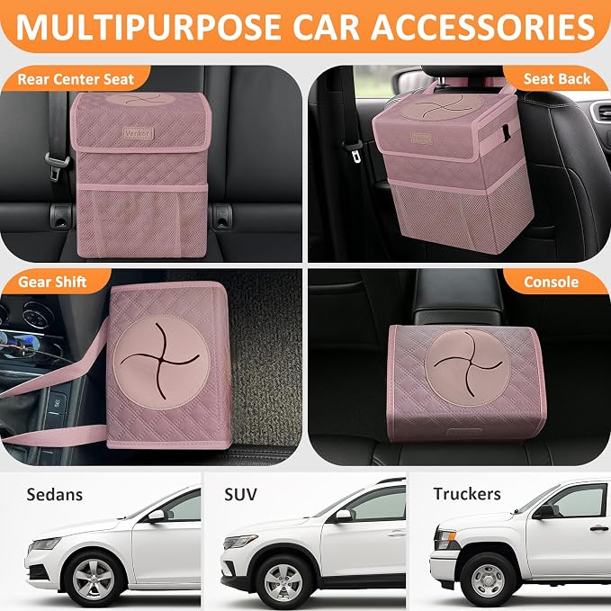 Vankor Car Trash Can Cute Trash Bag Bin Hanging Waterproof Automotive Garbage Cans Leak Proof Vehicle Trash Can Diamond Pattern-Pink