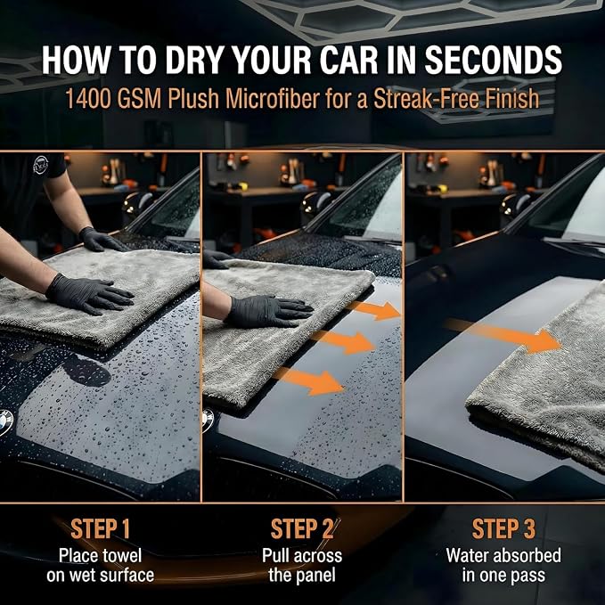 Car Drying Towel Extra Large 36" x 24" 1400 GSM Twisted Loop Microfibre - Charcoal Drying Towel Car Detailing, Double-Sided Edgeless Design, Super Absorbent, Durable Machine Washable and Lint-Free