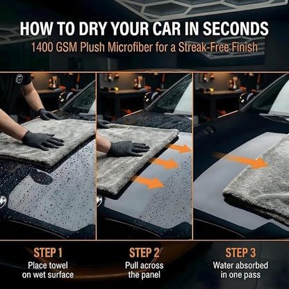Car Drying Towel Extra Large 36" x 24" 1400 GSM Twisted Loop Microfibre - Charcoal Drying Towel Car Detailing, Double-Sided Edgeless Design, Super Absorbent, Durable Machine Washable and Lint-Free