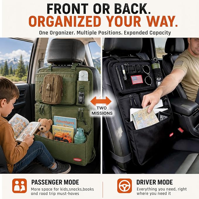 Tactical Seat Back Organizer Heavy Duty MOLLE Panel Organizer with Multiple Pockets & Hook Loop Panel for Road Trip Essentials, Universal Fit for Car SUV Truck Jeep (Army Green)