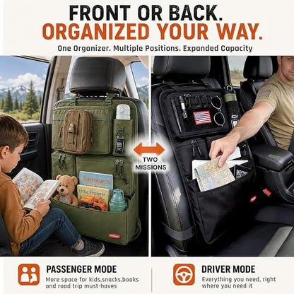 Tactical Seat Back Organizer Heavy Duty MOLLE Panel Organizer with Multiple Pockets & Hook Loop Panel for Road Trip Essentials, Universal Fit for Car SUV Truck Jeep (Army Green)
