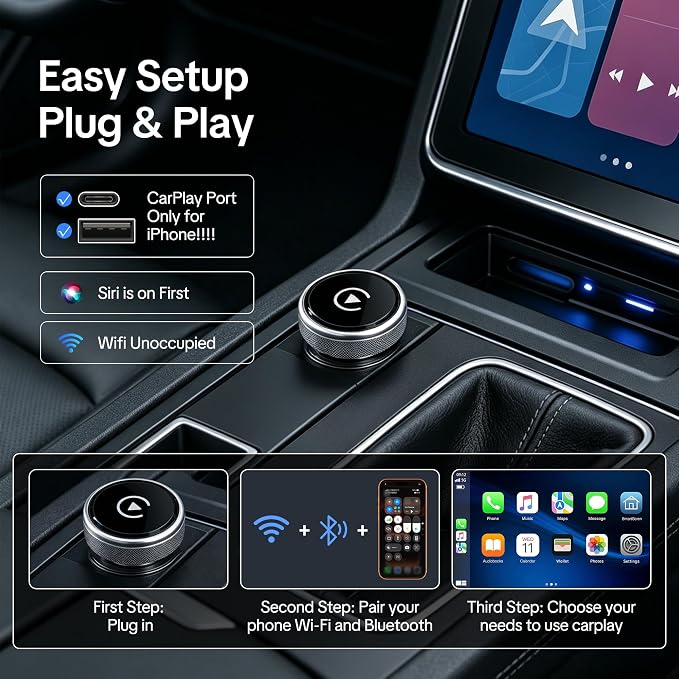 Wireless CarPlay & Android Auto Adapter, 2026 Upgraded 2-in-1 Wireless CarPlay Adapter, Mini Plug & Play, Fast Auto-Connect & No Latency, Easy Setup, Wide Vehicle Compatibility USB & USB-C Port