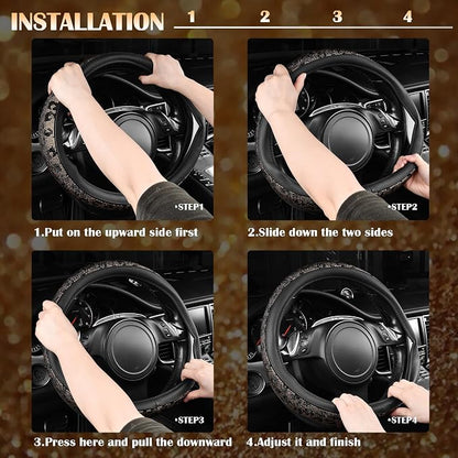 CAR PASS Bling Diamond Steering Wheel Cover Leopard Pattern, Sparkly Crystal Glitter Rhinestones Black Leather Wheel Protect for Women Girl Fit Suvs,Vans,Sedans,Cars,Trucks, 14" 1/2-15" Gold Leopard