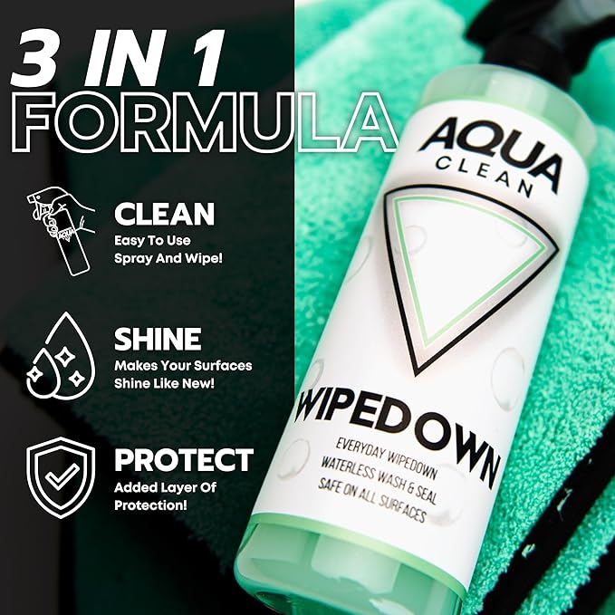 AquaClean WIPEDOWN Ceramic Quick Detailer Spray & Waterless Wash | SiO2 Hydrophobic Coating | Car, Truck, Boat, RV, Motorcycle & Off-Road | UV Protection | Shine & Protect | USA Made | 16oz