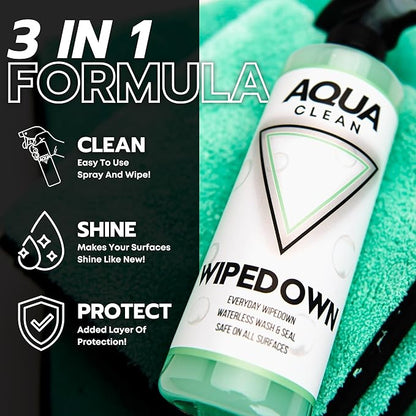AquaClean WIPEDOWN Ceramic Quick Detailer Spray & Waterless Wash | SiO2 Hydrophobic Coating | Car, Truck, Boat, RV, Motorcycle & Off-Road | UV Protection | Shine & Protect | USA Made | 16oz