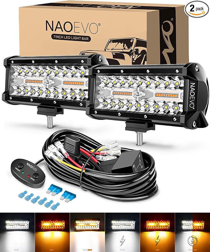 NAOEVO 7 Inch LED Light Bar, White Amber Offroad Fog/Driving Lights LED Pods with Strobe/Memory Function, 2 Leads Wiring Harness Included, Work for Truck Boat ATV UTV, 2-Pack (6 Modes)