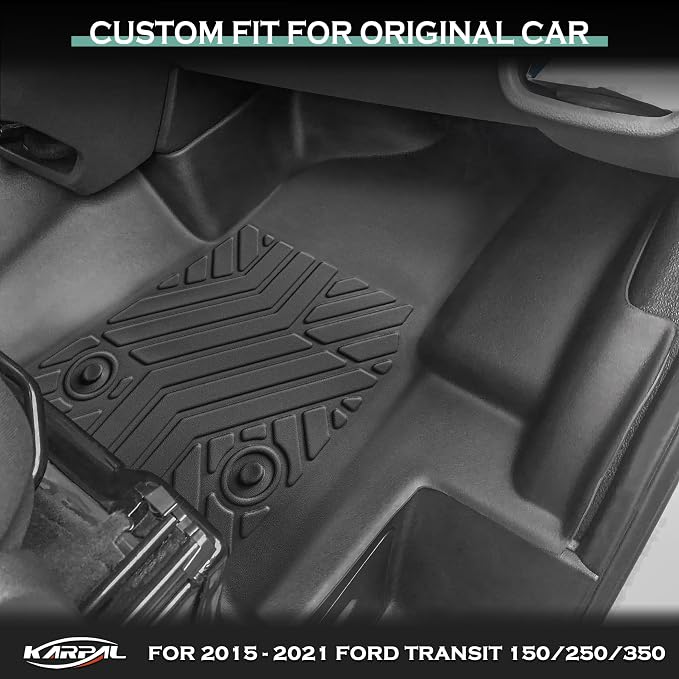 KARPAL Floor Mats for 2015-2021 Ford Transit 150/250/350/350HD w/Carpet Flooring (No Fit Transit Connect), Custom Fit TPE All Weather Ford Transit Accessories Front Floor Liner