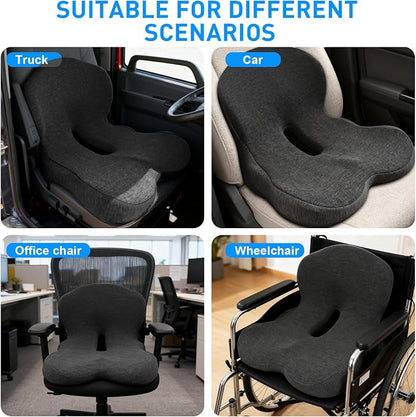 Denchy Car Seat Cushion with Lumbar Support for Long Sitting, Ergonomic Memory Foam Driving Seat Cushions for Semi Truck Bus Driver Trucker, Non Slip Office Chair Cushion (Dark Gray)
