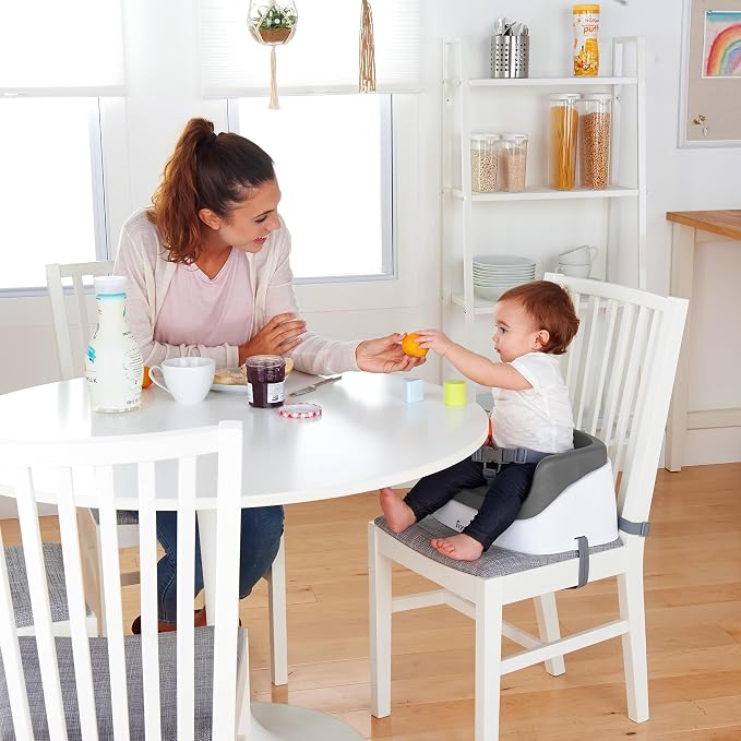 Ingenuity SmartClean Toddler Booster Seat for Kitchen Chair – Lightweight for on-the-go, Easy-Clean, 3-Point Harness Strap – Booster Seat for Dining Table, Slate