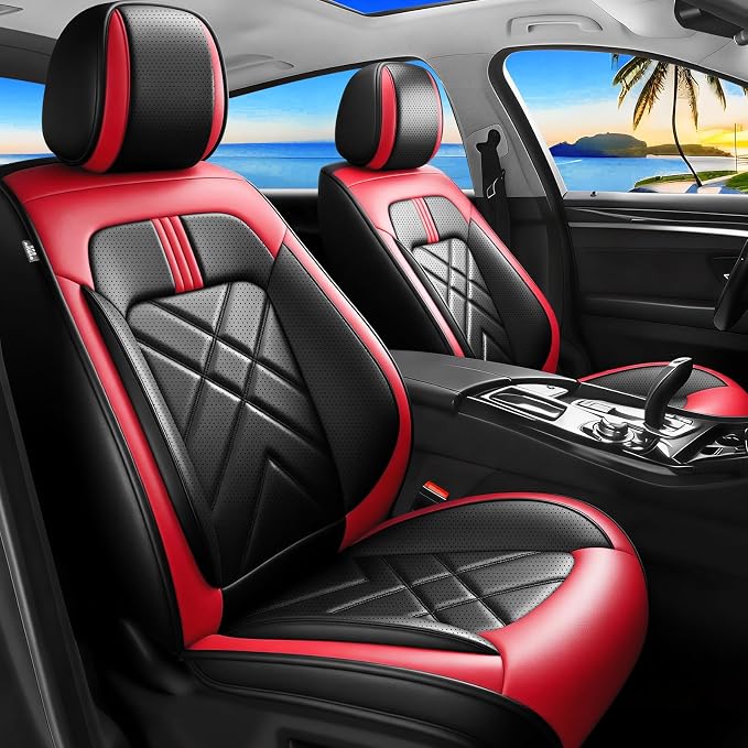 Taurus Car Seat Covers Fit for Ford Taurus 2002-2019, Premium Full Coverage Leather Automotive Seat Protectors, All Seasons Waterproof Breathable, Airbag Compatible, (2 Front Seats, Red Black)