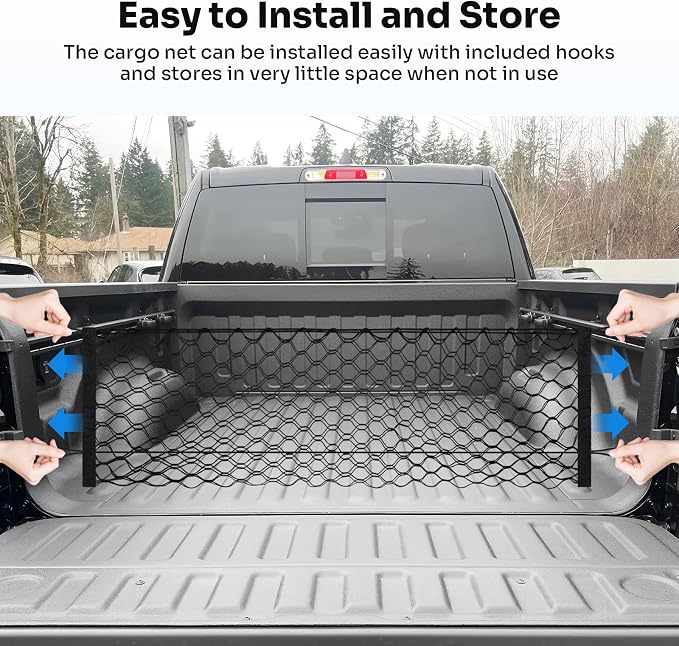 Canvcle Truck Bed Cargo Net for 2019-2025 2026 Dodge Ram 1500 Accessories Envelope Style Mesh Trunk Net Organizer and Storage Stretchable Adjustable Elastic Nylon Rear Cargo Netting with Hooks