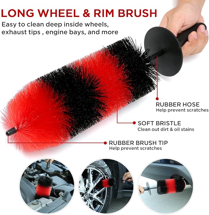 TAKAVU Complete Car Wheel Detailing Kit (8pcs) - Safe Scratch-Free 17" Barrel Brush, Tire Scrubber, 5 Detail Brushes & Towel for Rims, Interior, Exterior