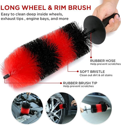 TAKAVU Complete Car Wheel Detailing Kit (8pcs) - Safe Scratch-Free 17" Barrel Brush, Tire Scrubber, 5 Detail Brushes & Towel for Rims, Interior, Exterior