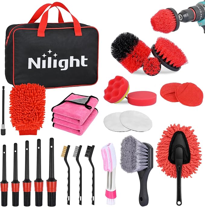 Nilight 27PCS Car Detailing Kit Auto Cleaning Tools Wash Set with Storage Carry Bag Home Use for Interior Exterior Deep Clean Polish Car Care Windshield Dashboard Seat Air Vents Wheels Tires, Red