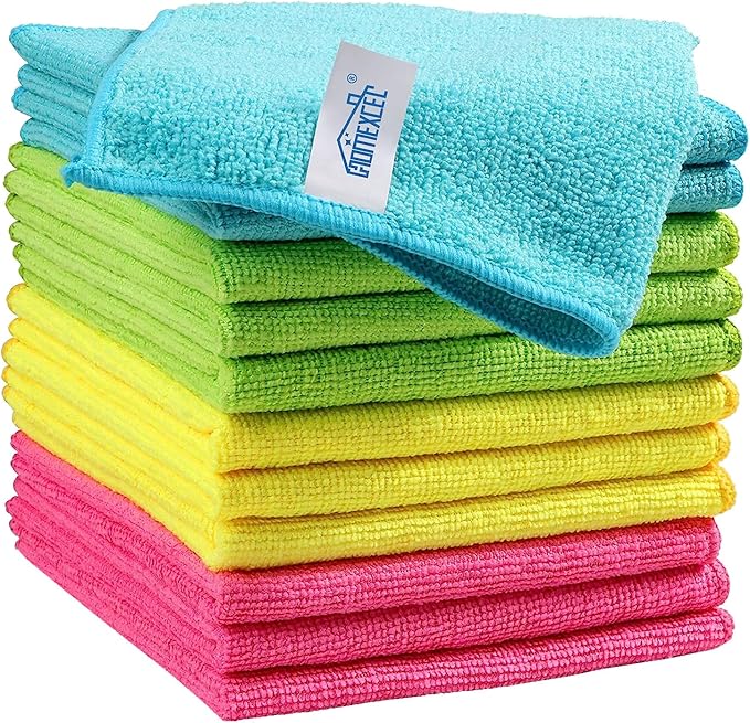 HOMEXCEL Microfiber Cleaning Cloth 210GSM, Pack of 12, Size:11.5" x 11.5", Ultra-Soft, High-Density Non-Abrasive Cleaning Towels for Cars, Glass, Kitchen, Reusable Rags, Blue/Green/Yellow/Pink