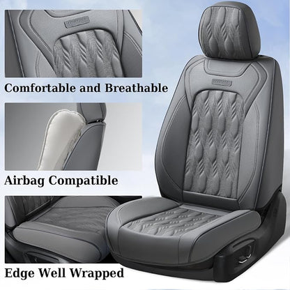 Coverado Car Seat Cover Full Set, Front and Back Seat Covers for Cars, 5 Seats Luxury Leather Seat Covers, Waterproof Car Seat Protectors, Gray Driver Seat Cushions Fit for Most Vehicles