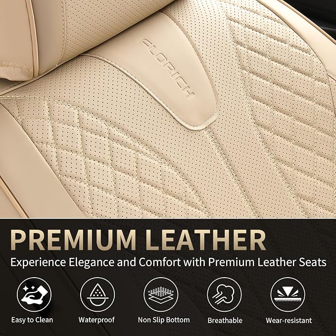 FLORICH Leather Seat Covers, Car Seat Cover Full Set Automotive Seat Covers Waterproof Car Seat Protectors 5 Seats Universal Seat Cover Fit for Most Cars SUV Trucks, Beige
