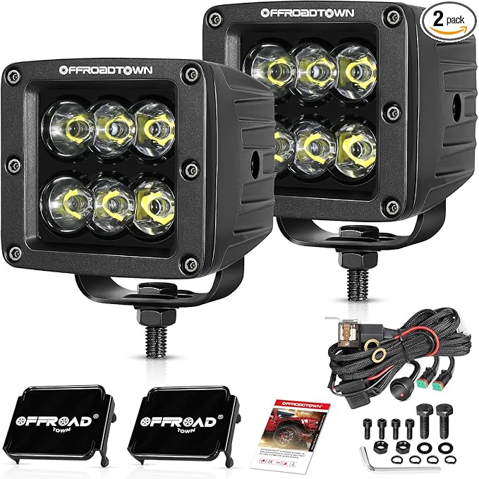 OFFROADTOWN LED Cubes 3inch 120W CREE LED Pods with Wiring Harness and Black Cover Driving Lights Ditch Light Spot Off Road Lights for Truck Pickup UTV ATV SUV Boat 4x4 Car