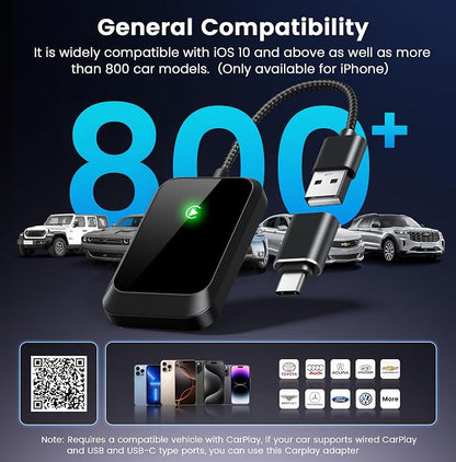 Wireless CarPlay Adapter for iPhone – Plug-and-Play with USB-A Extension & USB-C Connector, Zero Latency, Compatible with 2016+ Cars & iOS 10+