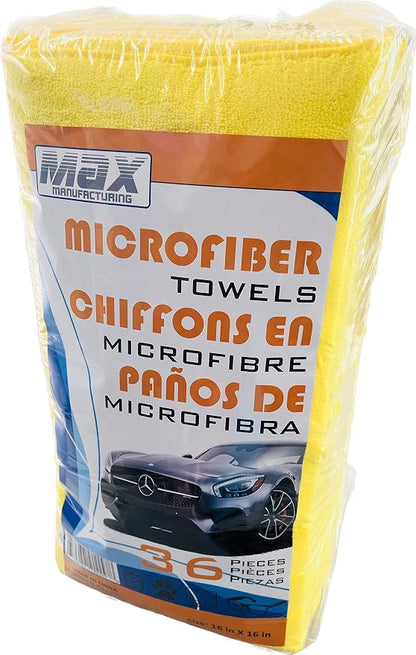 MAX Premium Microfiber Cleaning Cloth Auto Detail Towels, 36 Count, 16"x16" 350GSM (Yellow)