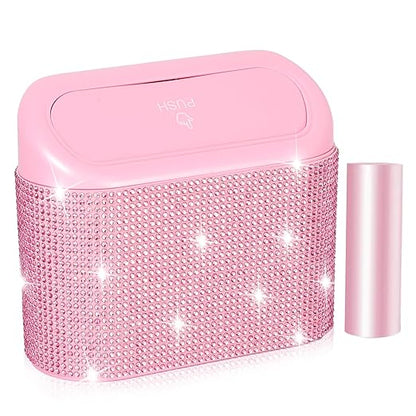 NBTEPEM Bling Pink Car Trash Can with Lid, Mini Auto Garbage Can with 30 Trash Bags, Automotive Garbage Container Bin, Bling Car Accessories Trash Can for Women (Pink Diamond)